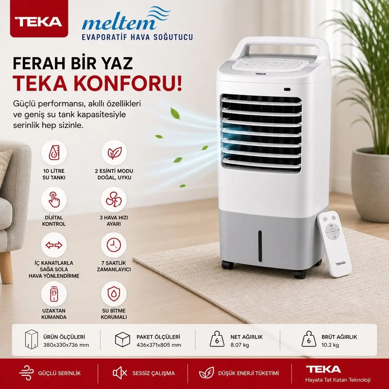 TEKA MELTEM EVAPORATİF HAVA SOĞUTUCU 10L SU TANKLI - NEMLENDİRİCİLİ - DİJİTAL KONTROL - KUMANDALI